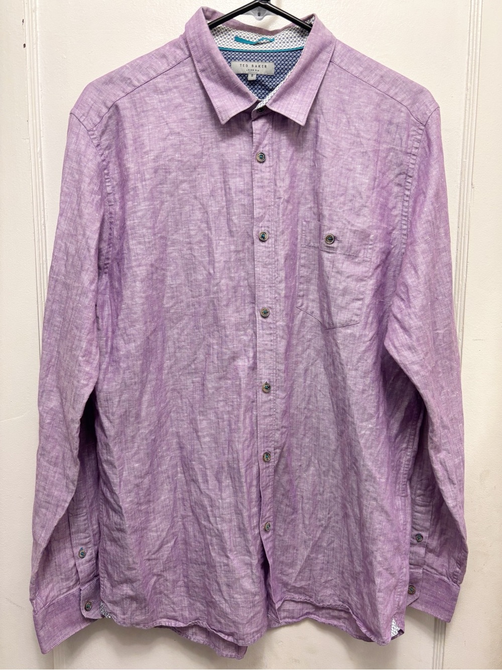 Ted Baker Shirt Mens Lavender Linen Cotton Blend Dress Button‎ Up Size 5 (XL)